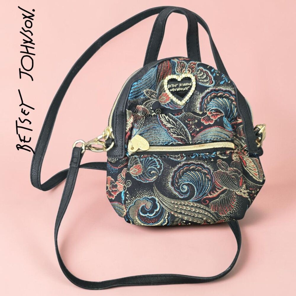 Betsey Johnson Mini Backpack Floral Brocade Purse - NWOT Black Metallic - Picture 7 of 8